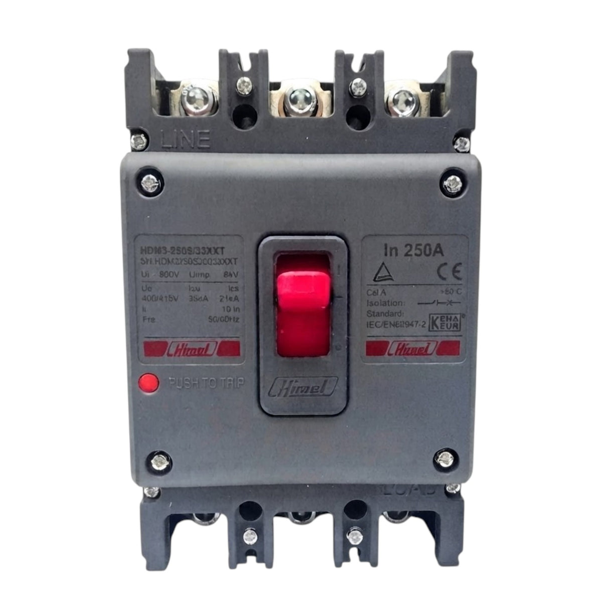 A Himmelfrind electric contactor with a dark gray plastic housing, featuring a prominent red central push-button and smaller red indicator lights. The brand name 'Himmelfrind' is clearly printed on the front face, along with technical specifications and safety standards.