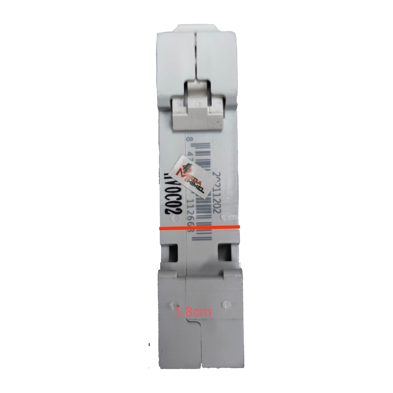Electrical breaker with a label on a white background