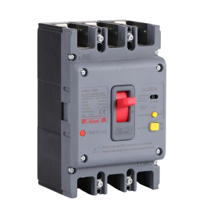 A gray electrical circuit breaker with a red main switch handle, a yellow test button, and printed technical specifications on the front face, shown on a plain white background.
