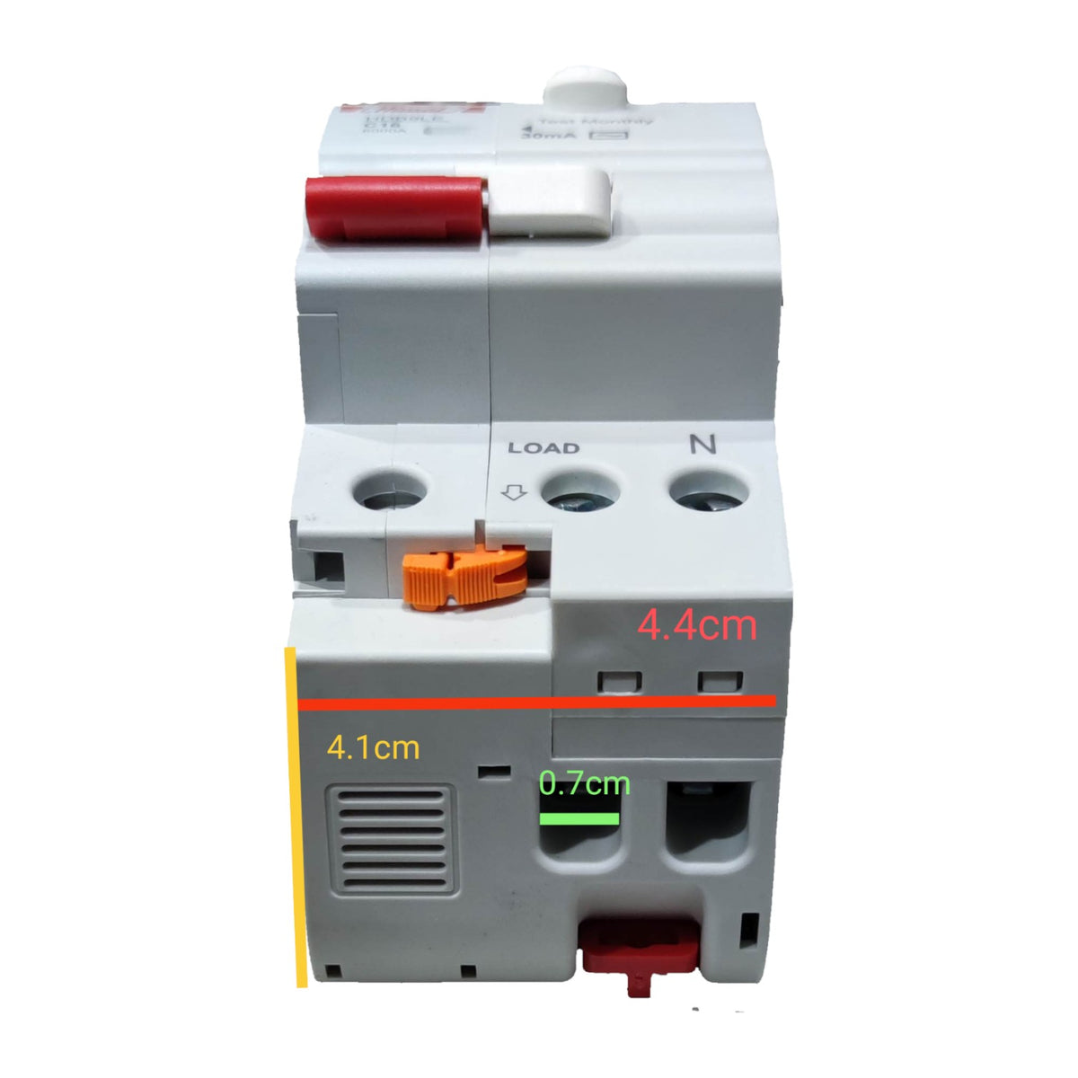 Electrical circuit breaker with dimensions labeled on a white background