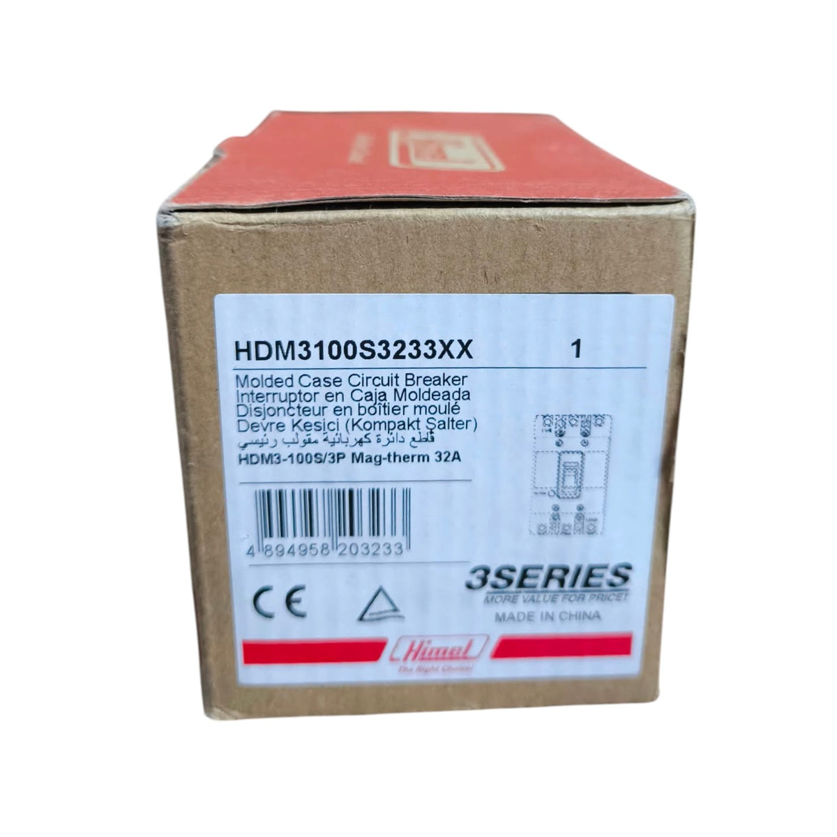 A cardboard box for a molded case circuit breaker, labeled HDM3100S3233XX, with a white front label and red top flap, photographed on a plain white background.