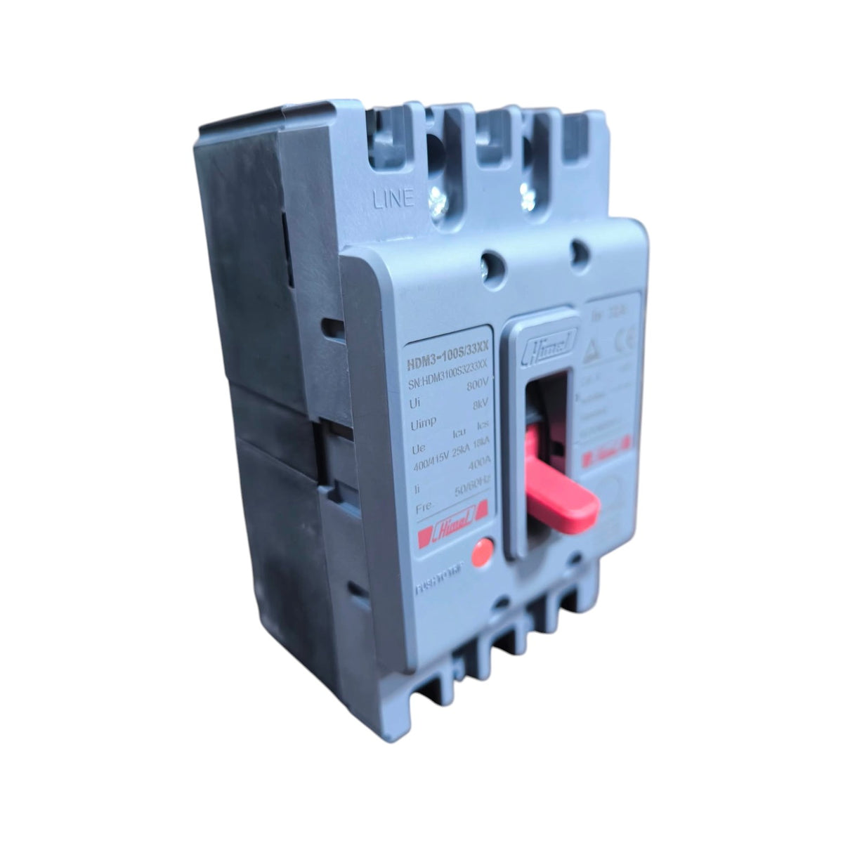 A gray plastic circuit breaker with a red handle and red label accents, shown on a plain white background.
