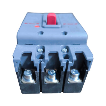 A three-phase electrical contactor with a gray plastic housing, a red central terminal switch, and three metal contact points at the bottom, shown on a white background.