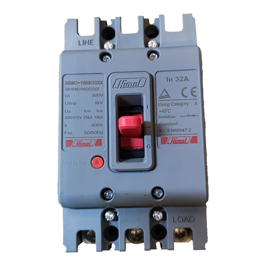 A gray Himmel electrical contactor with a red central switch and red terminal screws, photographed on a white background.