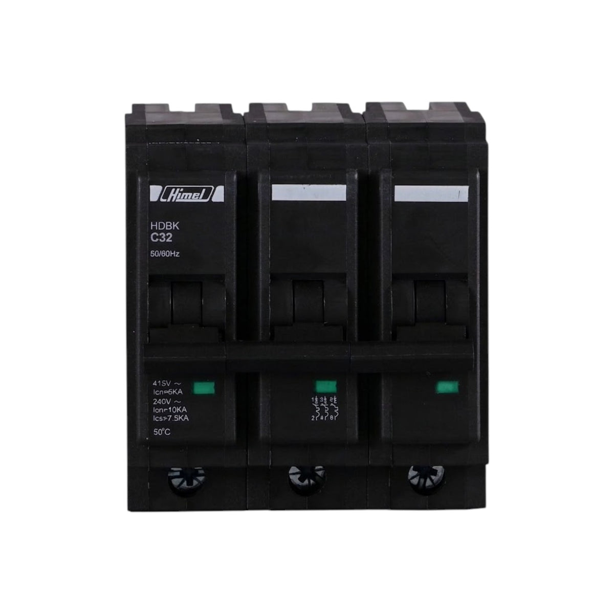 A black Himek HDBK C32 double-pole circuit breaker shown from the front against a plain white background.