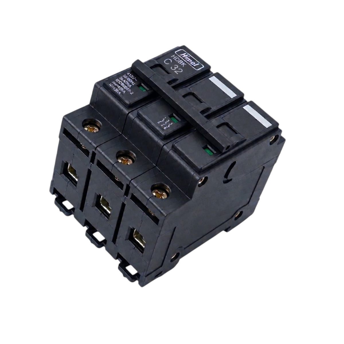 A black 3-pole electrical contactor or relay module with three main terminals and a top handle, shown on a plain white background.