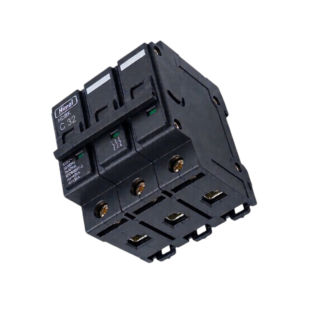A black Hicon C32 DIN rail module with overlaid dimension lines and labels showing width (W), height (H), depth (D), handle offset (d2), and terminal offsets (d1) on a white background.