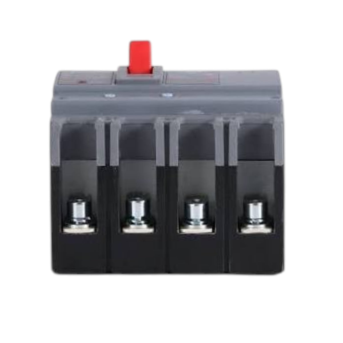 A 4-pole electrical circuit breaker with a gray top housing, black lower housing, and a red switch handle, shown on a plain white background.