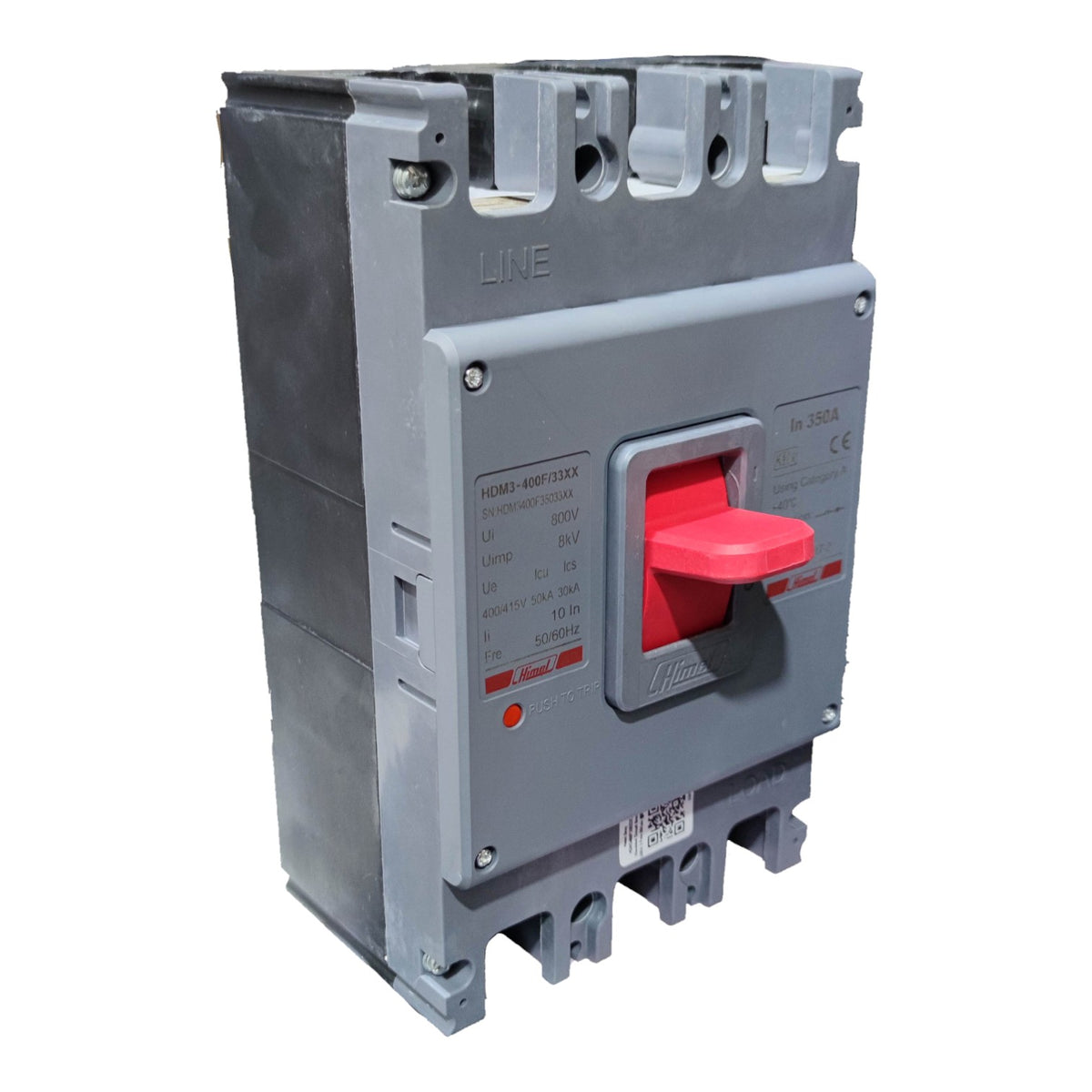 A large gray electrical circuit breaker with a red handle, photographed on a plain white background.