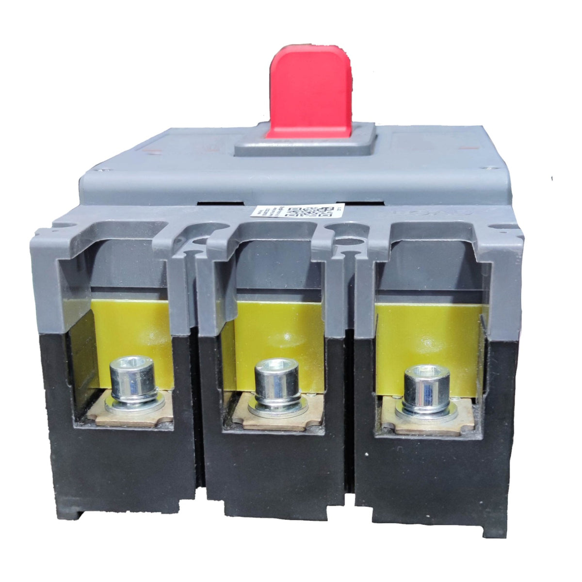 A three-pole industrial electrical switch or circuit breaker with a gray plastic housing, black base, yellow internal components, and a red top handle, shown on a plain white background.
