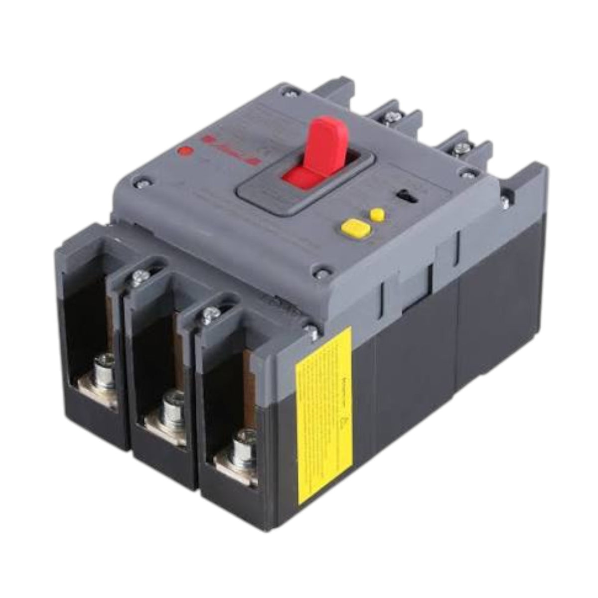 A three-pole electrical circuit breaker with a gray plastic housing, featuring a red handle on top, three terminal compartments on the front, and a yellow warning label on the side.