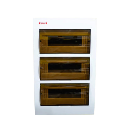 A white wall-mounted three-drawer storage cabinet with three wooden doors and dark glass panels, shown against a plain white background.