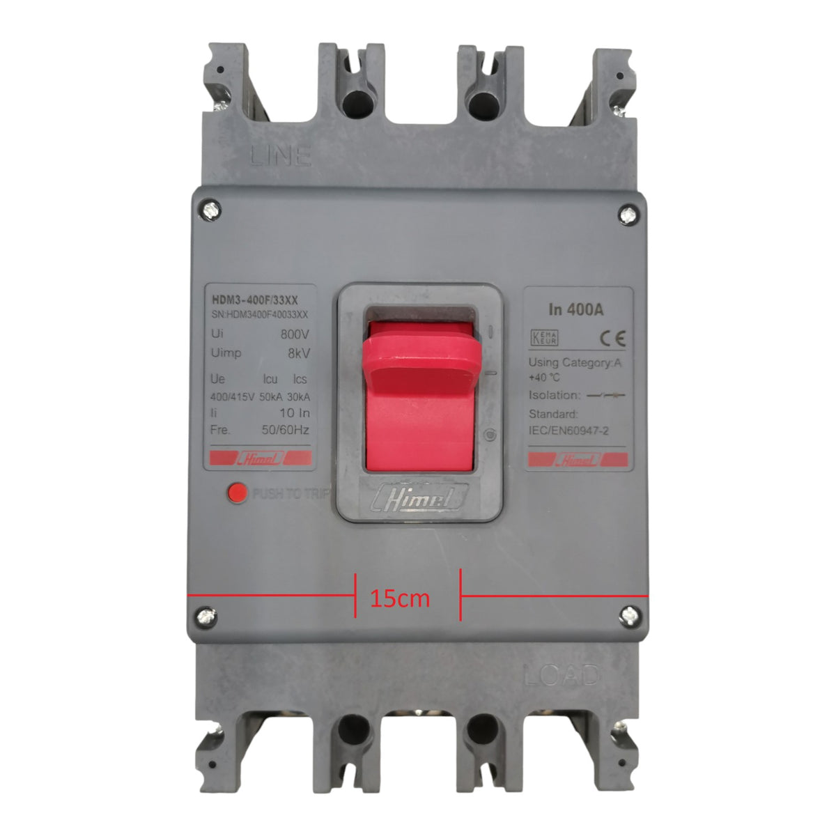 A gray plastic molded circuit breaker with a prominent red switch handle, featuring printed technical specifications on the front and red dimension lines indicating a 15cm width.