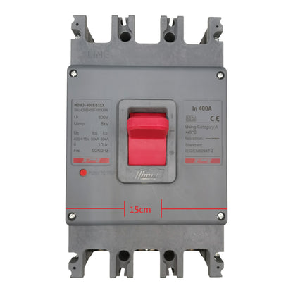 A gray plastic molded circuit breaker with a prominent red switch handle, featuring printed technical specifications on the front and red dimension lines indicating a 15cm width.