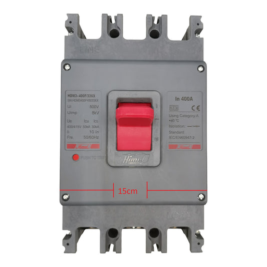 A gray plastic molded circuit breaker with a prominent red switch handle, featuring printed technical specifications on the front and red dimension lines indicating a 15cm width.