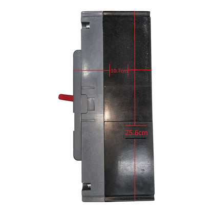 A gray and black rectangular plastic component with a small red protruding tab, shown on a white background with red dimension lines and measurements labeled 10.7cm and 25.