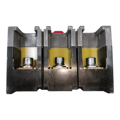 A three-phase electrical terminal block connector with black and gray metal housings, yellow insulating material, and silver screw terminals, shown on a white background.