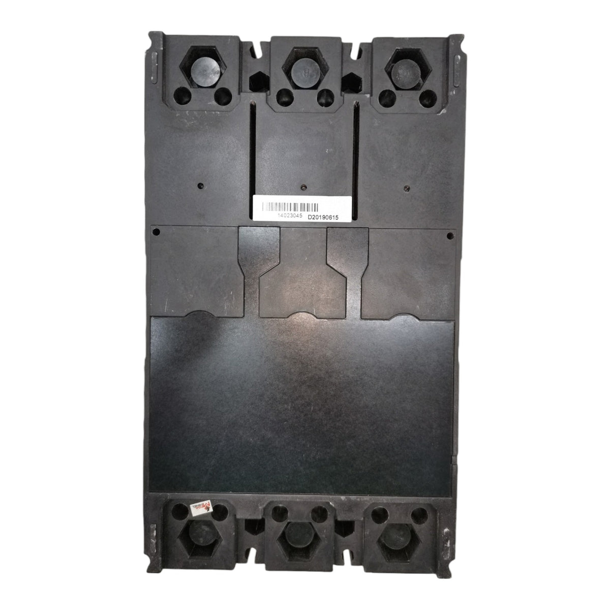 A heavy-duty black industrial electrical contactor or relay component, photographed from the back against a plain white background.