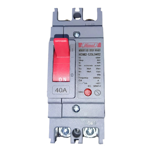 A Himmelfrund HDM2-125LD02 40A circuit breaker with a gray plastic housing, a red toggle switch, and a red brand label, shown on a plain white background.