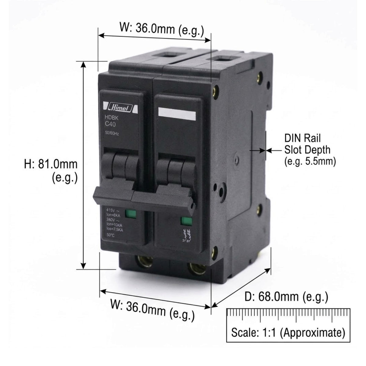 A black dual-pole circuit breaker with dimension annotations showing height, width, and depth measurements, plus a scale bar at the bottom right on a white background.