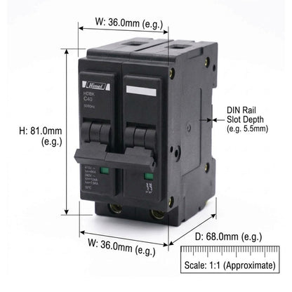 A black dual-pole circuit breaker with dimension annotations showing height, width, and depth measurements, plus a scale bar at the bottom right on a white background.