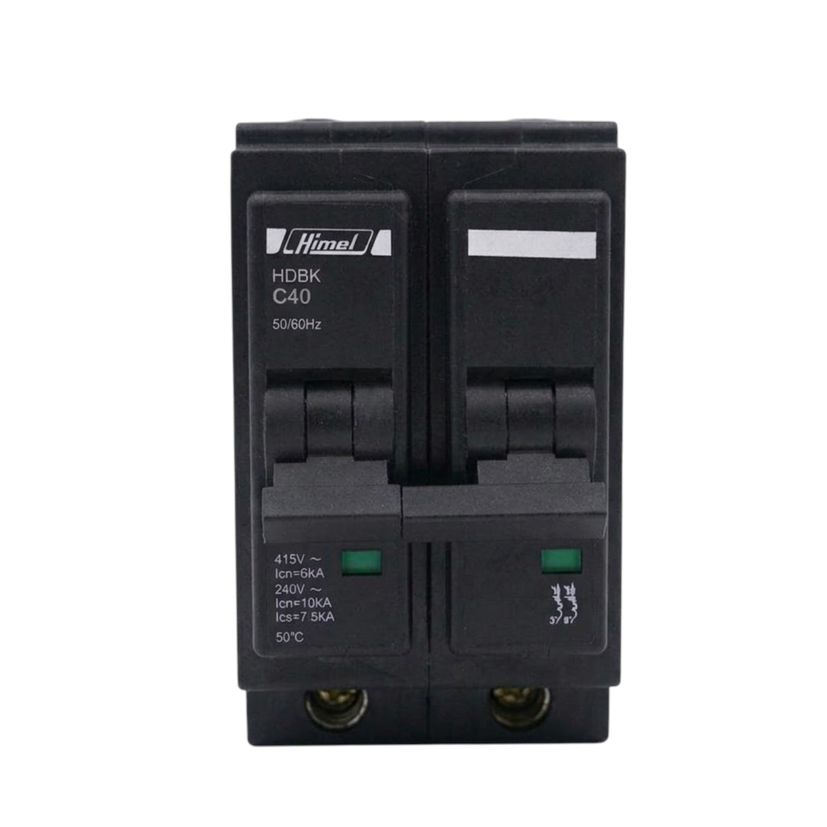 A black two-pole circuit breaker, model HDBK C40 by Himel, shown against a plain white background.