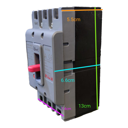 A gray and black electrical contactor with a red handle, shown with overlaid dimension lines and text indicating measurements of 5.5cm, 6.