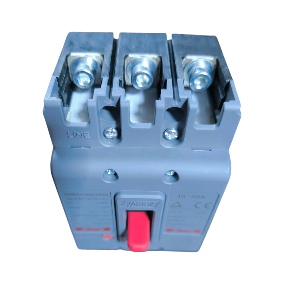 A three-phase electrical contactor with a gray plastic housing and a red front switch lever, shown on a plain white background.