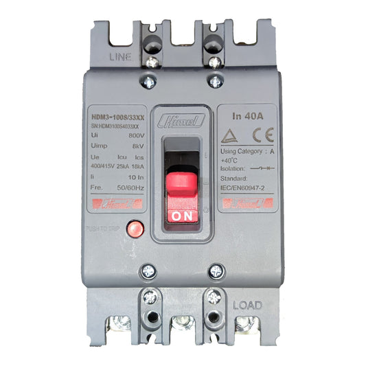 A Herion HDM3 100A 3XX AC contactor with a gray plastic housing, featuring a red ON switch, technical specifications printed on the front, and terminal connections for LINE and LOAD.