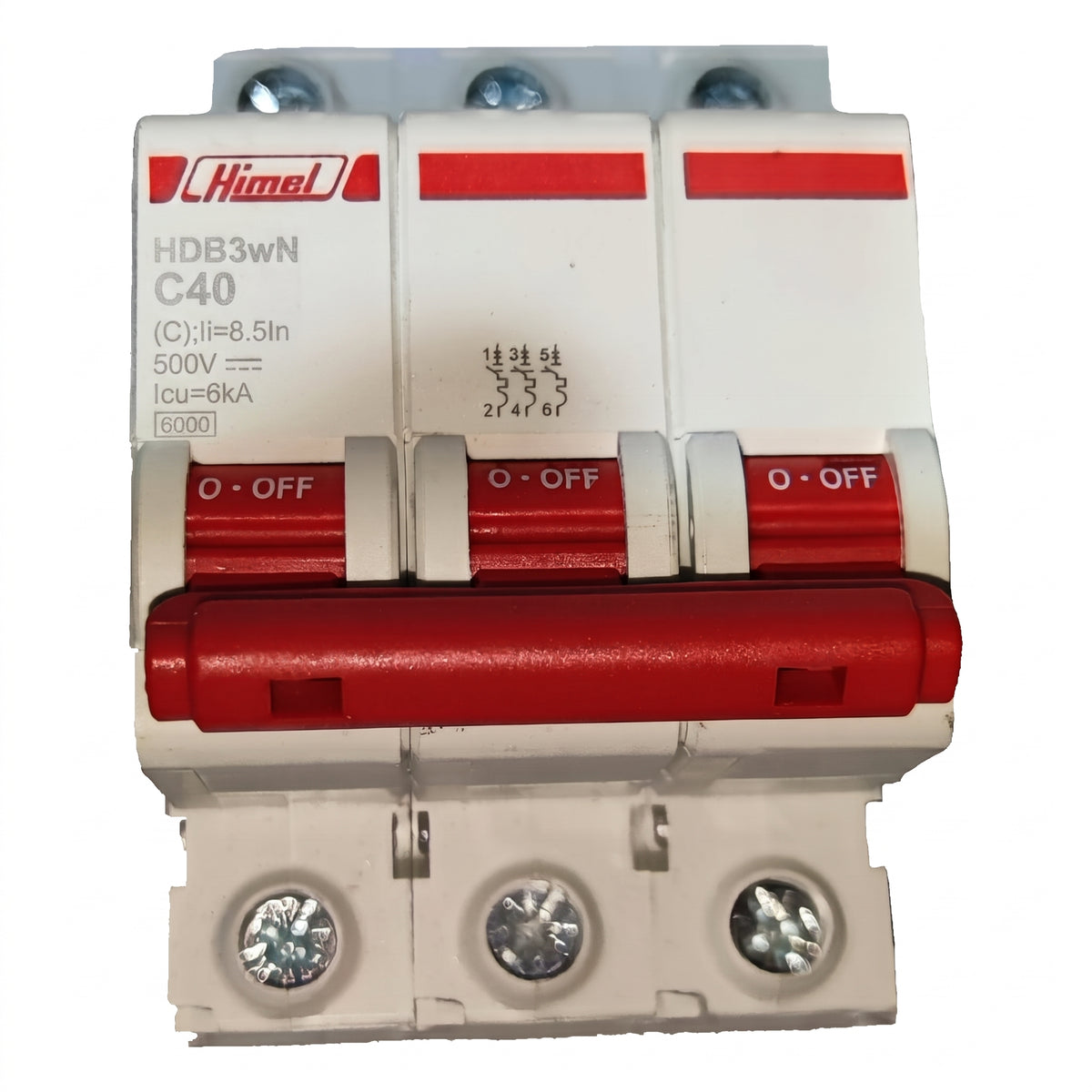 A Himek HDB3wN C50 miniature circuit breaker with a red handle and white plastic casing, shown on a plain white background.
