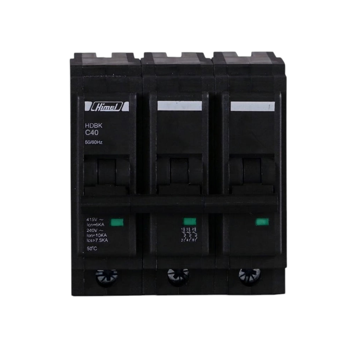 A three-pole black electrical circuit breaker with molded plastic components, featuring the Himmels logo and model HDBK C40 on the front, set against a plain white background.