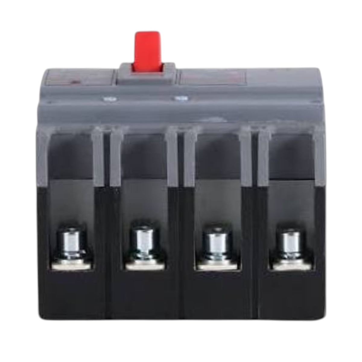 A 4-pole electrical circuit breaker with a gray top housing, black lower housing, and a red switch handle, shown on a plain white background.