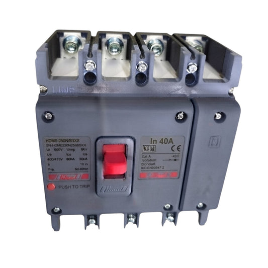 A compact modular electrical contactor with a gray plastic housing, featuring a red central switch toggle, technical specifications printed on the front, and terminal blocks at the top and bottom.
