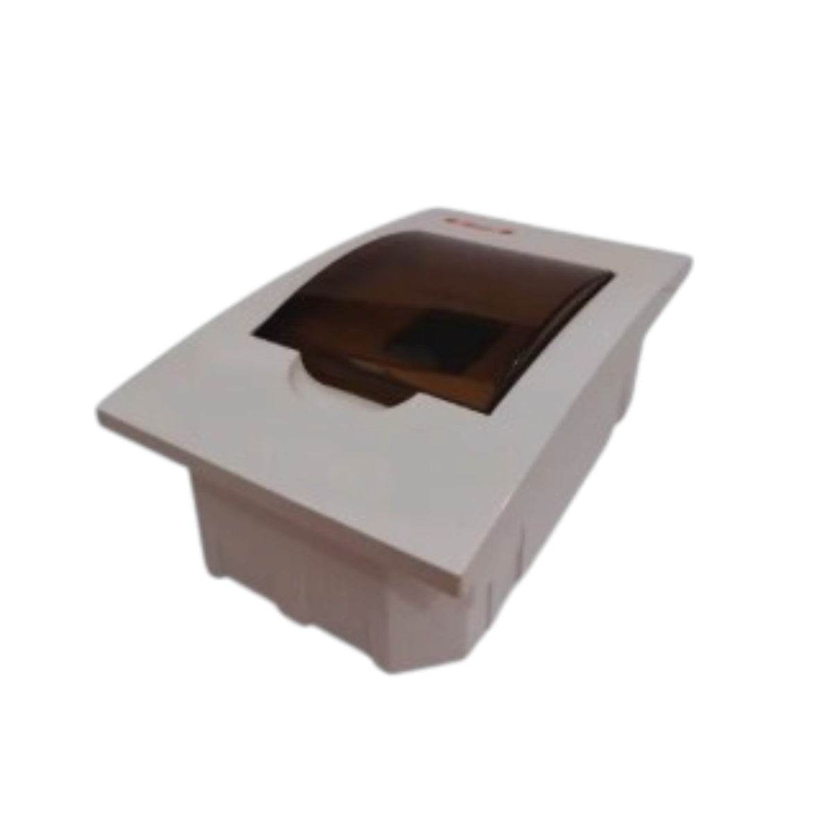 A white plastic utility or utility box with a translucent dark brown smoky lid, shown on a plain white background.