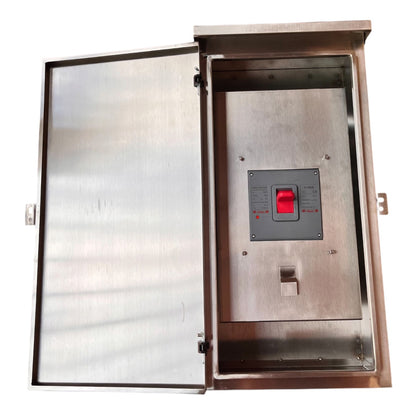 A stainless steel electrical control panel box with its door open, showing a central red switch and internal metal compartment against a plain white background.