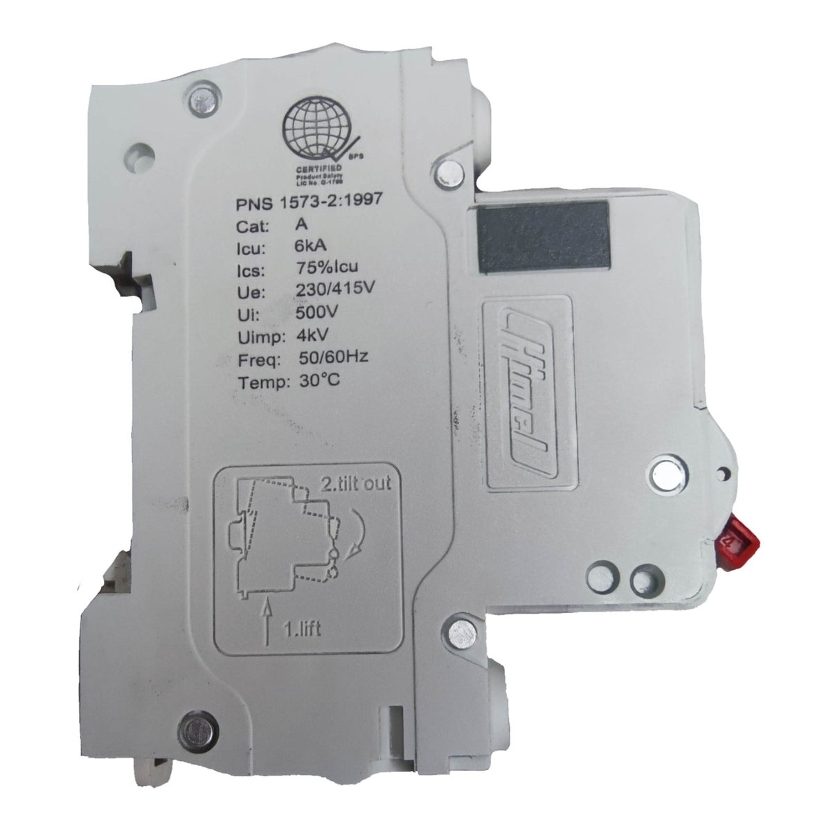 Electrical device with technical specifications on a white background