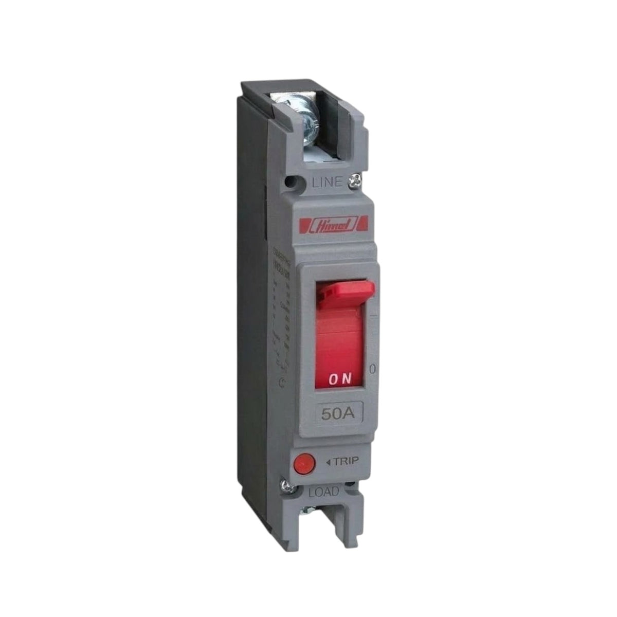 A Siemens 50A circuit breaker with a gray plastic housing, a red switch handle in the ON position, and red trip buttons, shown on a plain white background.