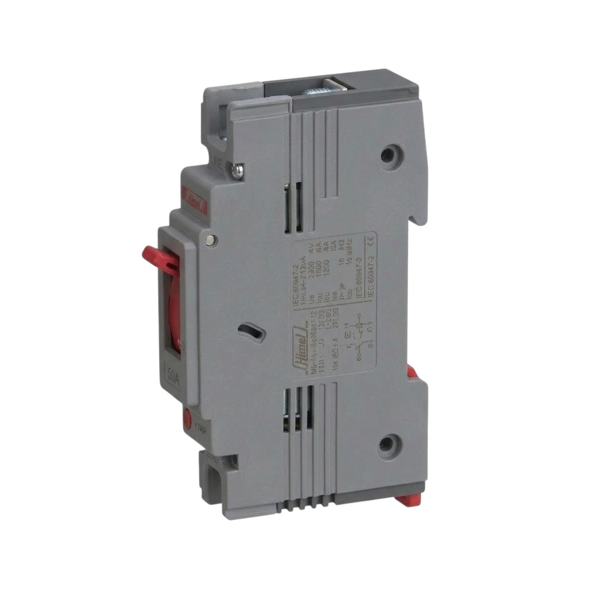 A gray electrical circuit breaker component with red plastic switch elements and small red feet, shown on a plain white background.
