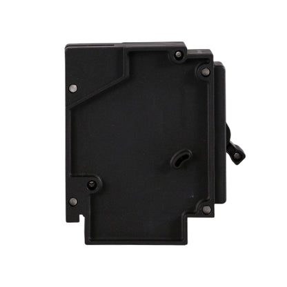 A black plastic rectangular mounting bracket or hardware component with pre-drilled screw holes and a small latch on the right side, shown against a plain white background.