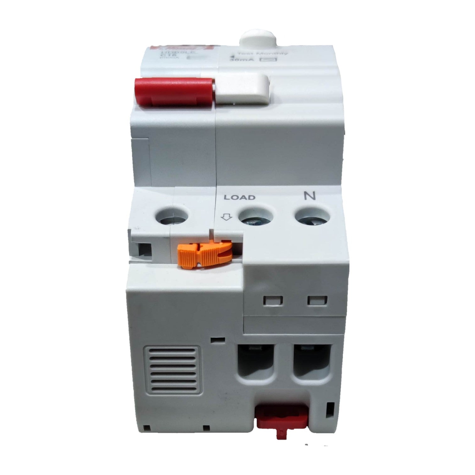 Electrical circuit breaker with red and orange components on a white background
