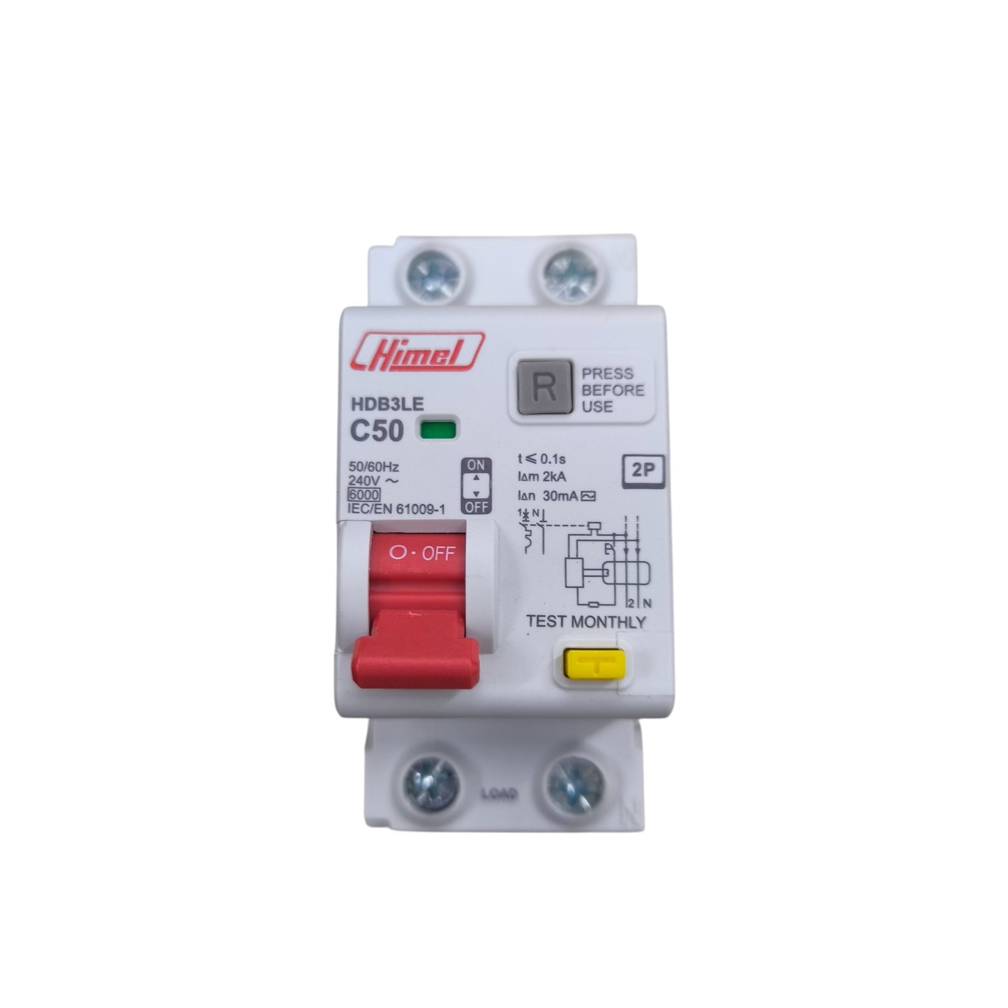 Circuit breaker with red and yellow buttons on a white background, branded 'Himel'.