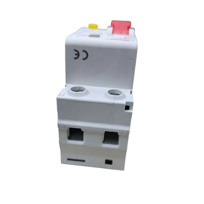 White electrical switch with red and yellow labels on a white background