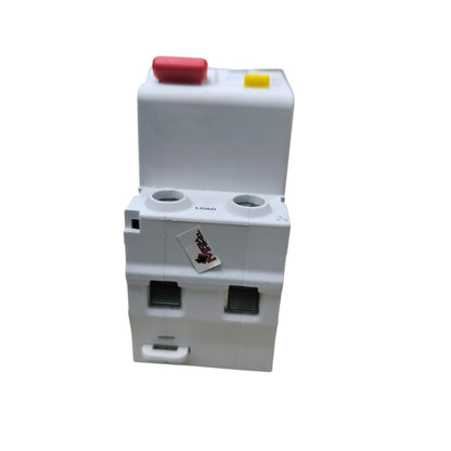 Electrical panel with red and yellow buttons on a white background