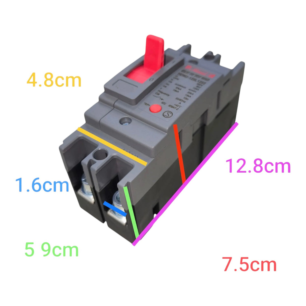 A gray electrical contact breaker with a red switch handle, overlaid with colored dimension lines and text showing measurements of 4.8cm, 1.