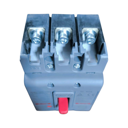 A three-terminal electrical contactor or relay component with a gray plastic housing and a red front switch lever, shown on a plain white background.