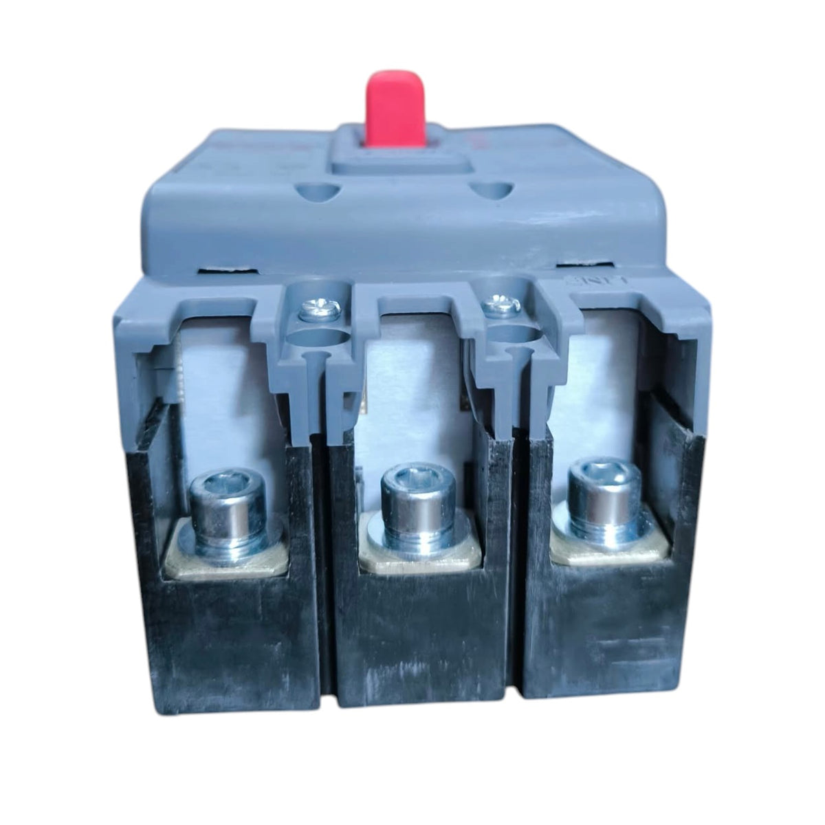 A three-terminal electrical contactor or relay component with a gray plastic top casing, a red top button, and black metal lower blocks with silver screw terminals, shown on a white background.