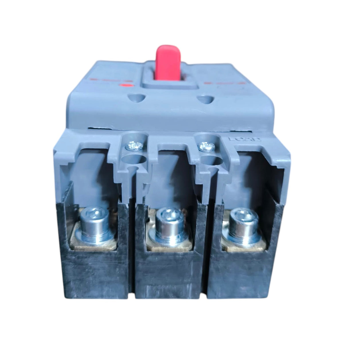 A three-terminal electrical contactor or relay with a gray plastic top casing, a red handle on top, and three black metal terminals with silver screw posts, shown on a white background.