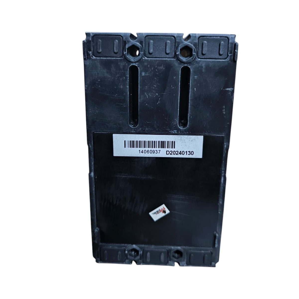 A black plastic replacement part with a white barcode label on the front, photographed against a plain white background.