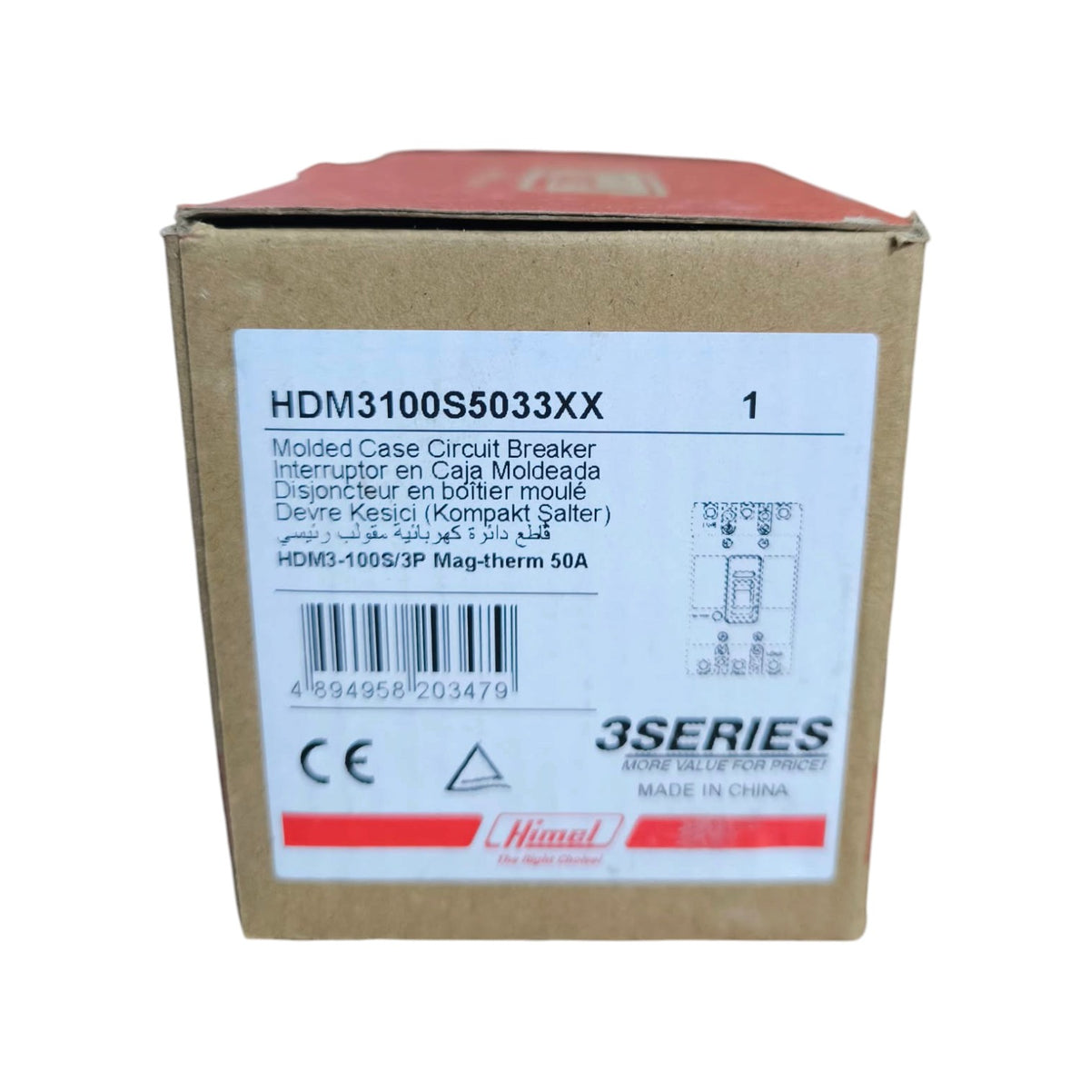 A brown cardboard box for a 3Series molded case circuit breaker, featuring a white label with product details, barcode, and the Hinkley brand logo.