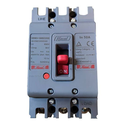 A Himmels electrical contactor with a gray plastic housing, featuring a red central switch and red brand labels with technical specifications.